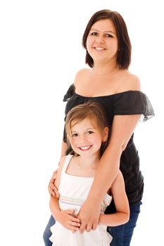 Mother and daughter posing together isolated on white