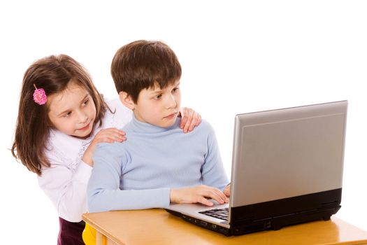 Boy and girl Surfing net together isolated on white