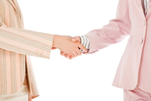 Cropped image of two businesswomen handshaking on white background