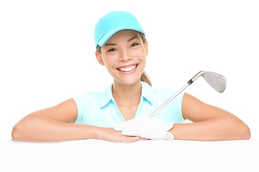 Golf player woman sign. Female golf player showing empty blank white paper billboard. Mixed race Asian Caucasian woman isolated on white background