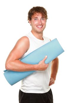 Fitness man holding yoga training mat. Young muscular sporty man isolated on white background.