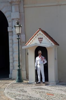 LA CONDAMINE DISTRIC, MONACO - OCTOBER 1st, 2009 - The palace guard standing at attention at the main entrance, taken on October 1st, 2009 in La Condamine Distric of Monaco