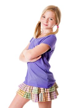 Beautiful happy cute teenager girl with skirt and purple shirt summer fashion, isolated.