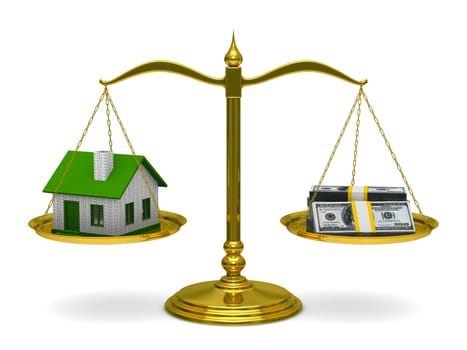 House and money on scales. Isolated 3D image