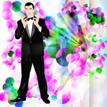  The romantic celebratory man in a classical tuxedo on an abstract background