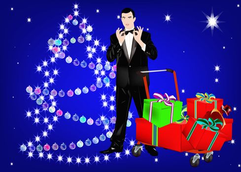 The New Year's romantic celebratory man in a classical tuxedo with the cart of gifts