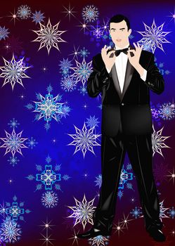 The New Year's romantic celebratory man in a classical tuxedo