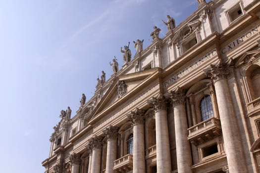 The front of St. Peter's Basilica, in Vatican city.  
