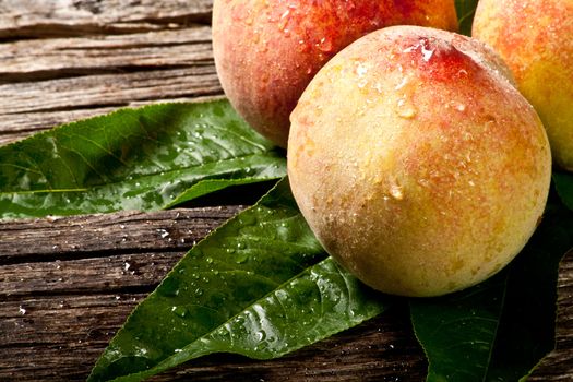 some fresh withe peaches with leaf on wood