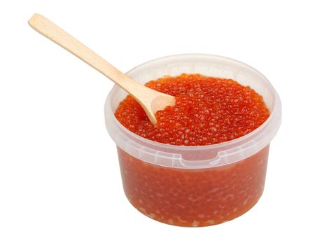 salmon roe in a plastic pot with a wooden spoon