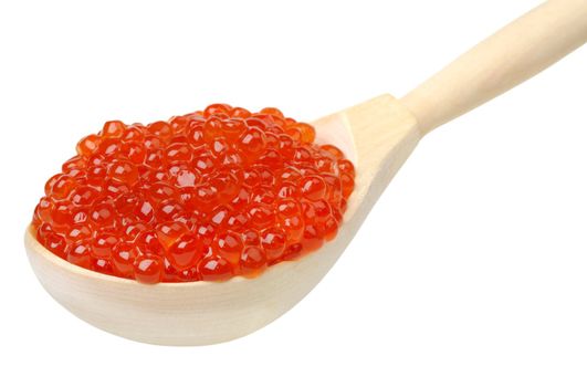 salmon roe in a wooden spoon isolated on white background