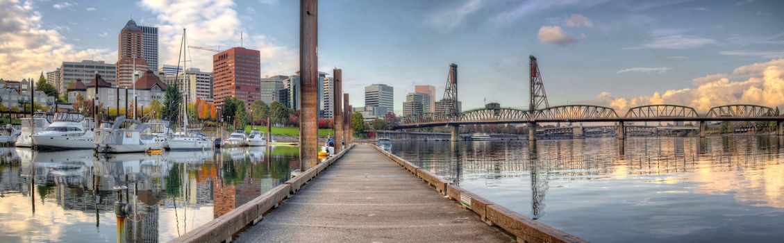 Marina along Willamette River in Portland Oregon Downtown Waterfront Panorama