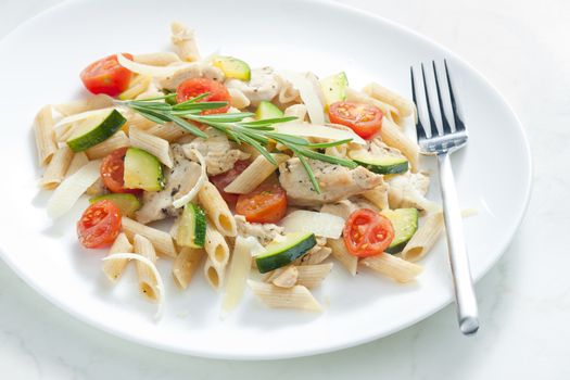 pasta penne with turkey meat and vegetables