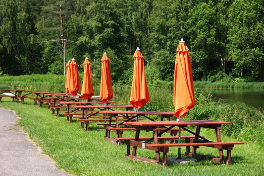 Tables are established on the open seat on the nature