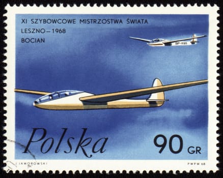 POLAND - CIRCA 1968: A stamp printed in Poland, shows Stork glider in gliding world championship Leszno-1968, circa 1968