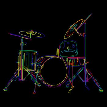 Stylized drum kit graphic over black
