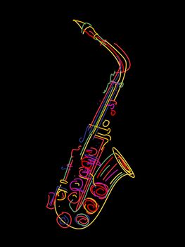 Illustration of a saxophone over black