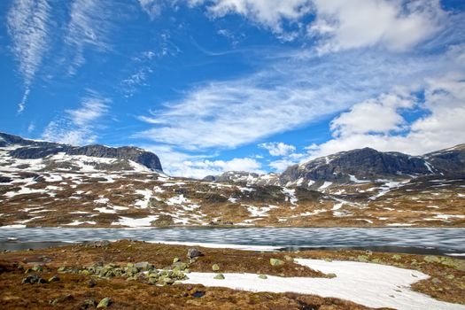 Snowcapped mountains and water at Haukeli, Norway