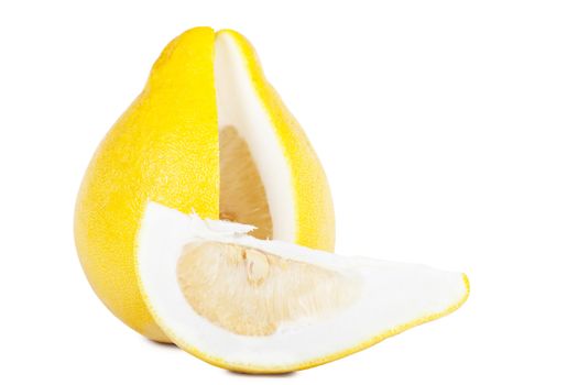 A yellow sliced pomelo over white background