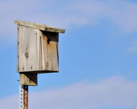 A bluebird nesting box against a blue sky.