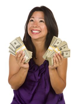 Excited Attractive Multiethnic Woman Holding Hundreds of Dollars Isolated on a White Background.