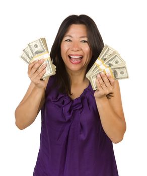 Excited Attractive Multiethnic Woman Holding Hundreds of Dollars Isolated on a White Background.