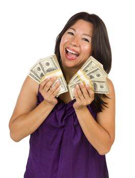 Excited Attractive Multiethnic Woman Holding Hundreds of Dollars Isolated on a White Background.