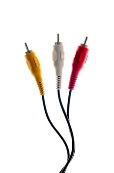 Three RCA male plugs isolated on white background.