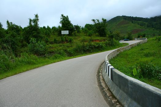 A winding road going through a forest