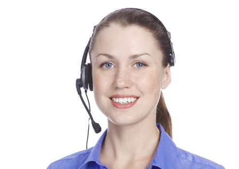 smiling cheerful support phone operator, isolated on white background