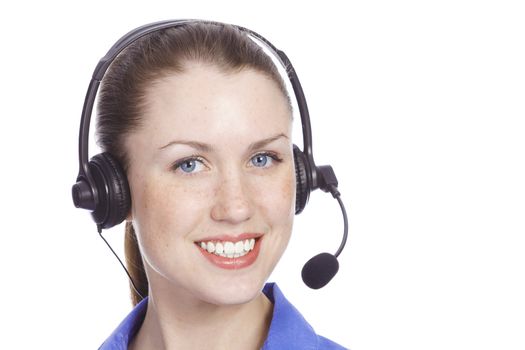 smiling cheerful support phone operator, isolated on white background