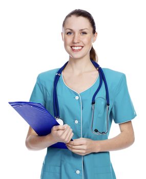 Female doctor smiling, isolated over a white background