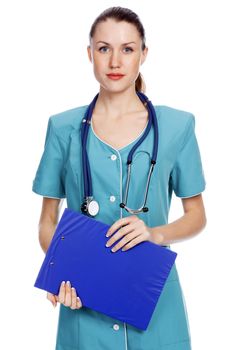 Pretty female doctor or nurse with clipboard