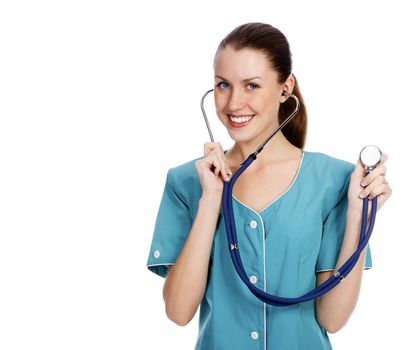 Smiling medical doctor woman with stethoscope. Isolated over a white background