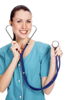 Smiling medical doctor woman with stethoscope. Isolated over a white background