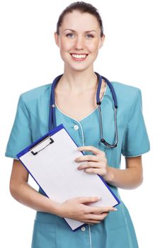 Pretty female doctor or nurse with clipboard