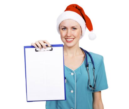 Christmas doctor with clipboard, isolated over a white background