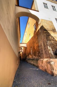 Shot of the typical Prague alleyway - historical centre of the Prague - Old Town, Stare Mesto. 
Prague, Czech republic, Europe.