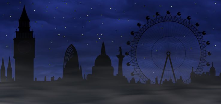 Image of the panorama of London - Big Ben, Big Wheel - sombre atmosphere
