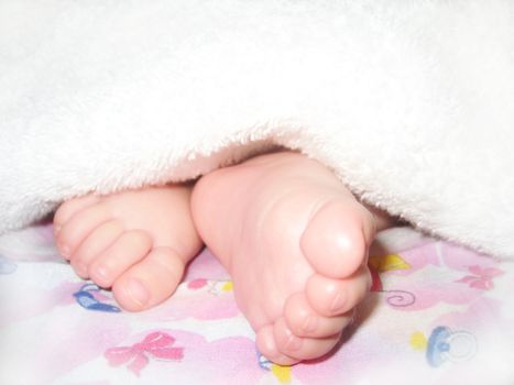 Children's legs looking out from under a white blanket