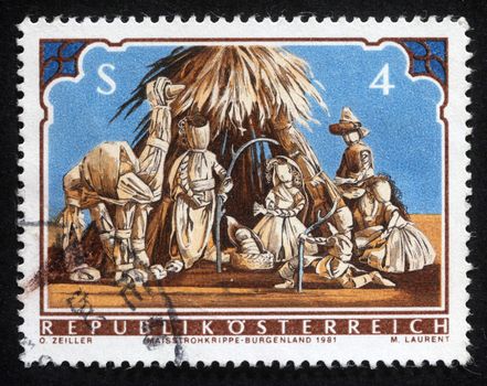 AUSTRIA - CIRCA 1981: A greeting Christmas stamp printed in the Austria shows Christmas Creche