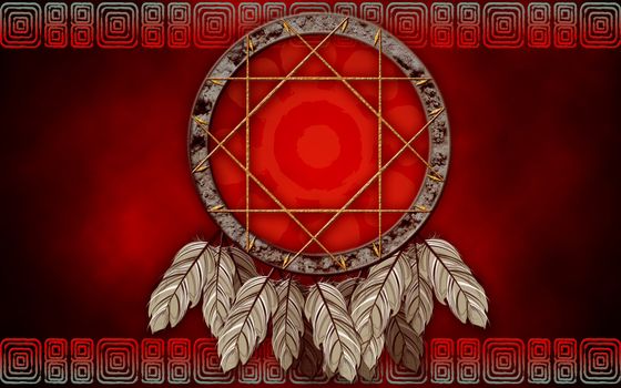 Native American dreamcatcher on red background