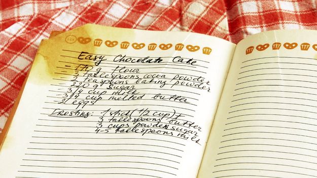 written recipe of easy chocolate cake in cookbook
