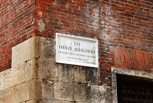 street name board Via Dante Allighieri in Verona, Italy
