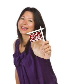 Attractive Multiethnic Woman Holding Small For Sale By Owner Real Estate Sign in Hand Isolated on White Background.