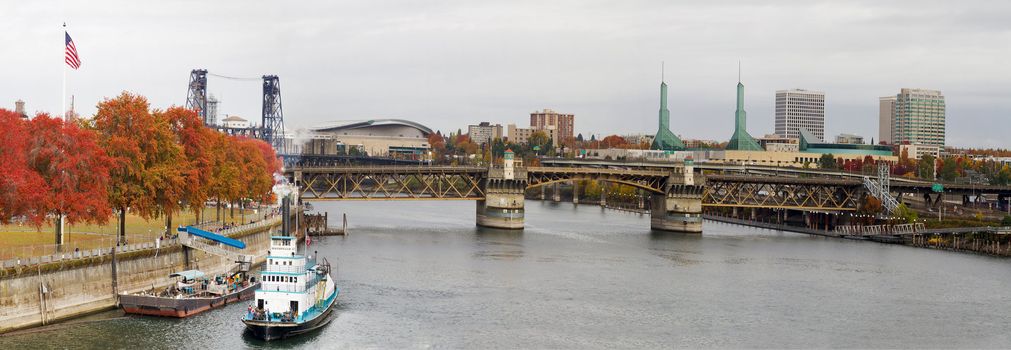 Fall Colors Along Willamatte River Wterfront in Downtown Portland Oregon Panorama
