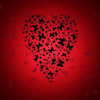 Heart from butterflies on a dark red background