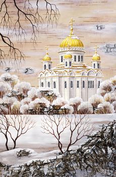 Picture, handmade, drawing distemper on a birch bark: the cathedral of the Christ of the Savior, Russia, Moscow