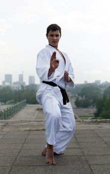 karate poses against the backdrop of the city