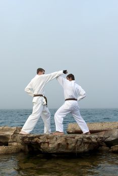 two karateka fight on the banks of the misty sea